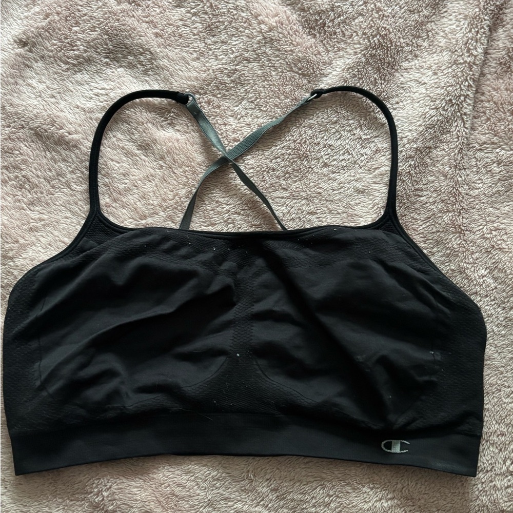 Champion Black Sports Bra with Crossed Straps and Scoop Neckline